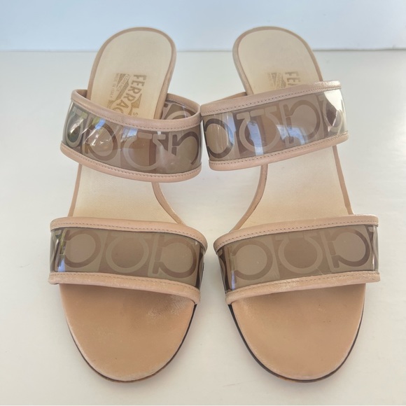 SALVATORE FERRAGAMO Brown Beige Clear Straps Slides Slip On Heels Sandals Sz 7 - Picture 3 of 16